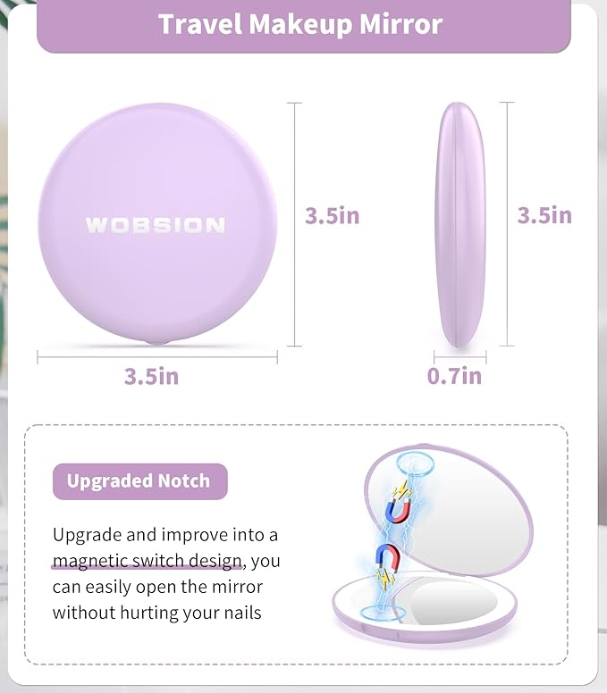 WOBSION Travel Compact Mirror,Portable 1x/10x LED Makeup Mirror with Magnification,Handheld 2-Sided Pocket Mirror, 3.5in Small Mirror for Purse,Handbag,Gift,Purple