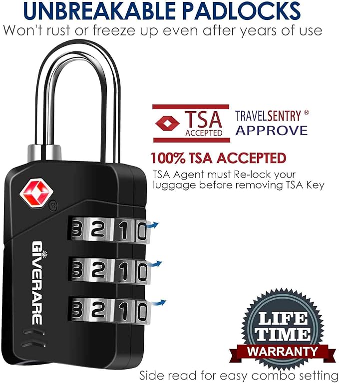 2 Pack TSA Approved Travel Luggage Locks, Metal Combination Lock, Alloy Keyless 3-Digit Padlocks, TSA Accepted Compatible Padlock for Gym Locker, Golf Bag Case, Backpack, Black-by GIVERARE
