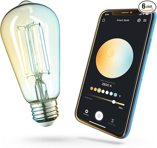 GLOBE Electric 34919 Wi-Fi Smart 5.5W (60W Equivalent) Straight Filament Tunable White Amber Glass LED Light Bulb, No Hub Required, Voice Activated, 2000K - 5000K, Vintage Edison Style, 500 Lumns