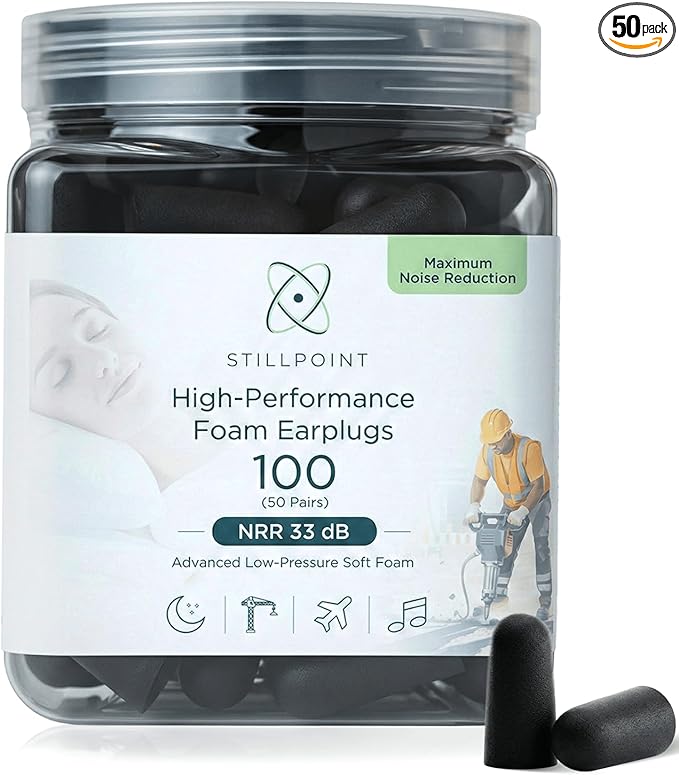 Happy Hippo Soft Foam Earplugs, 33 dB NRR, (50 Pair 100 Ear Plugs) Maximum Protection for Sleeping; Silence Snoring, Airports, Power Tools, Phone Calls, Loud Work Places, Nightclubs (Black)
