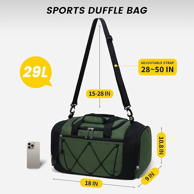 Vorspack Gym Bag for Men - 18 Inches Small Duffle Bag for Travel Lightweight Duffel Bag with Shoe Compartment Personal Item Travel Bag Weekender Bag for Travel Sports Gym - Green