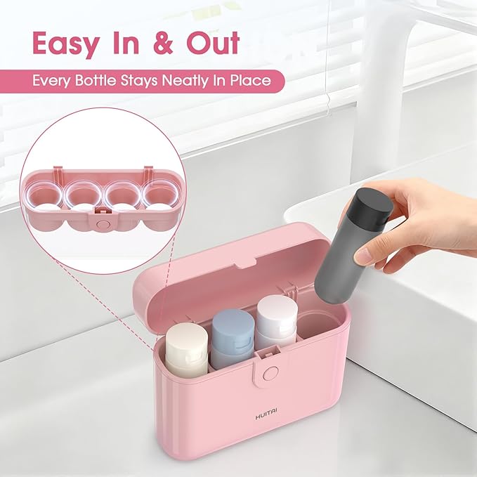 Travel Bottles with Case, 4x2oz TSA Approved, Leak-Proof, Press to Unlock, Compact & Portable Travel Toiletries (Pink)