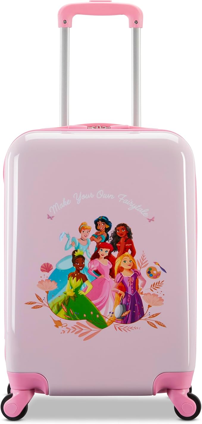 American Tourister Disney Princess Carry-On Luggage - Airline Approved, Durable Hardshell with Disney Princess Favorites - Roll Confidentially with Spinner Wheels & Colorful Adjustable Handle