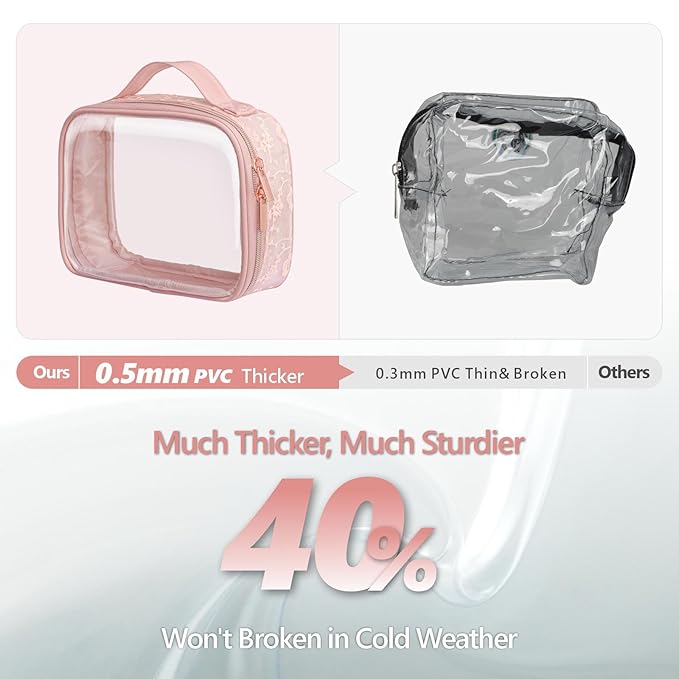 PACKISM Stylish TSA Approved Toiletry Bag Set, Floral Lace, Clear Makeup Bag with Handle, 1 TSA Medium & 1 Large for Travel, Gift for Women, Pink