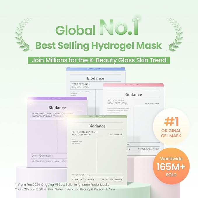 BIODANCE Refreshing Sea kelp Real Deep Mask, Overnight Hydrogel Face Mask, Calming, Oil & Sebum Control, Blemish Care, After Sun Care, Sunburn Relief, Korean Skin Care | 1.19oz(34g) x 4ea