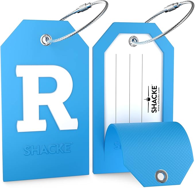 Shacke Initial Luggage Tag with Full Privacy Cover and Stainless Steel Loop - Aqua Teal (Letter R)