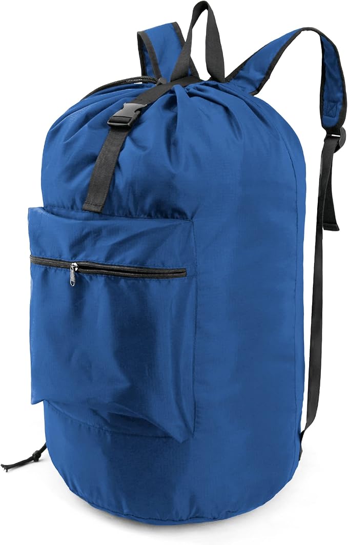 BeeGreen Laundry-Bag-Backpack-Heavy-Duty, Royal Blue Nylon Drawstring Portable Laundry Backpack Tall Foldable Extra Large Dirty Clothes Travel Bag with Handle College Dorm Apartment Essentials