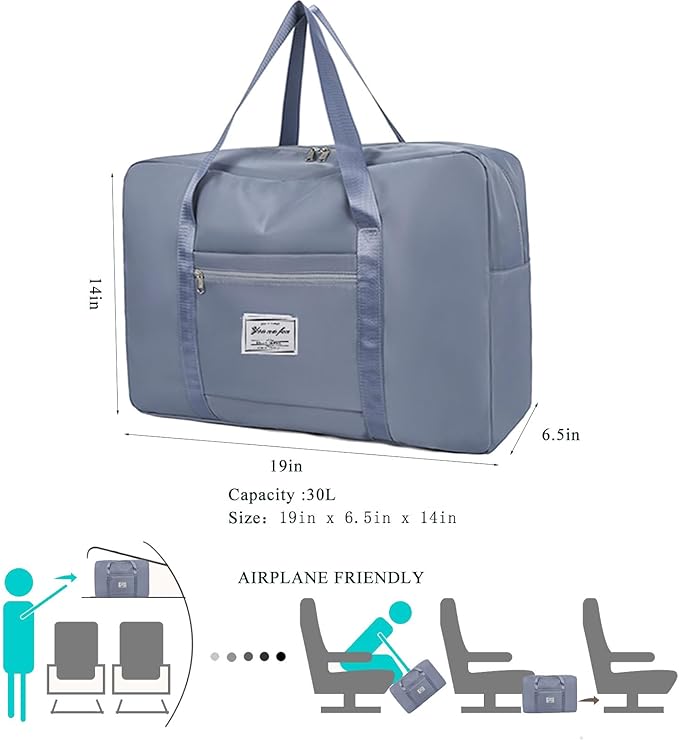 19" Travel Duffel Bag, Large Weekender Bag for Women Men, Expandable Personal Item Bag for Airlines, Water Resistant Carry On Bag with Trolley Sleeve for Gym, Overnight, Hospital (Blue)