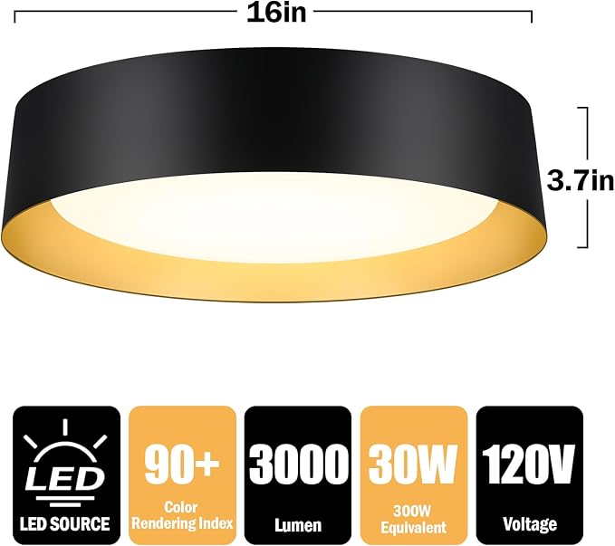 Flush Mount Ceiling Light, 16in Modern Ceiling Light 5 Color Temperature | 30W Bathroom Ceiling Light Fixture, 3000LM Dimmable LED Flush Mount Light for Bedroom, Hallway, Kitchen, Black & Gold, 2-Pack