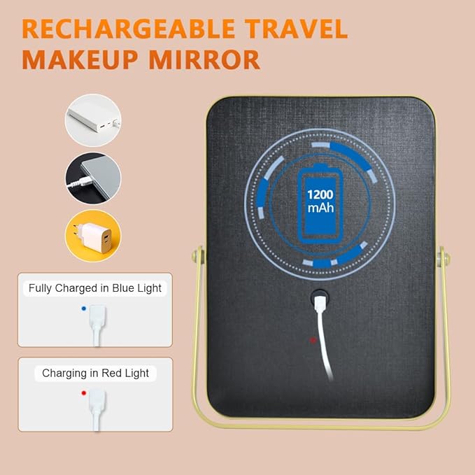 YEKKOPT Gold Rechargeable Makeup Mirror with Lights, LED Vanity Mirror, 3 Color Modes, Portable Desktop Mirror, Adjustable Brightness, Ideal for Dorm and Home Use