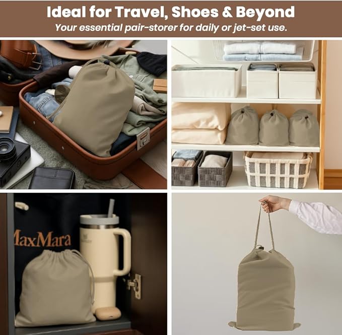 LFH Cotton Rich Shoe Storage Bags with Drawstring, Dustproof Breathable Reusable Organizer, Perfect For Travel, Dorm, Hotel, College, Gym, Easy to Carry, Machine Washable 8"x17" (Pack of 2) - Chambray