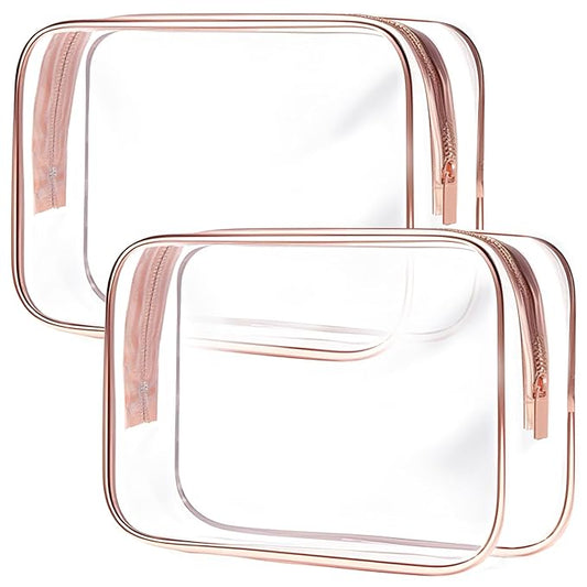 Clear Toiletry Bag, 2 Packs TSA Approved Water resistant Travel Organizer, Airport Airline Travel Essential Carry On Makeup Cosmetic Bags for Women, RosePink - 2 packs