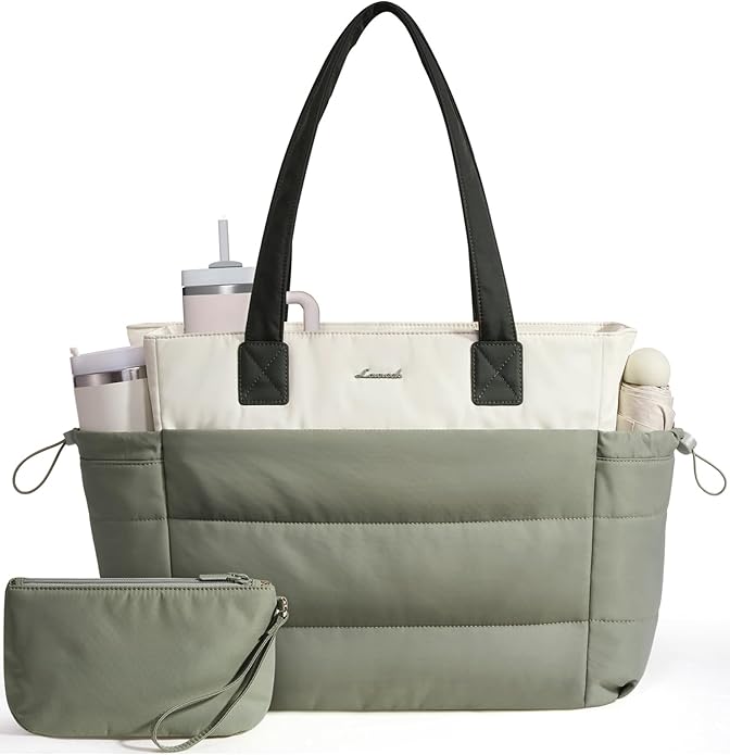 LOVEVOOK Tote Bag for Women with Giant Tumbler Holder Pocket, Puffer Work Travel Laptop Handbag with Zipper for Nurse Teacher