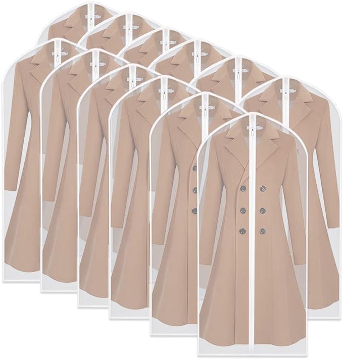 HomeClean Garment Bag, Set of 12 Breathable PEVA Covers with Zipper, Dust-Free Clothes Storage for Wardrobe and Travel, White