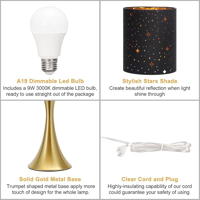 Touch Table Lamp,3 Way Dimmable Gold Bedside Lamp with Black Star Shade | Touch Control Nightstand Lamp, Decorative Ambient Bedside Light for Living Room, Bedroom, Dorm, Office, LED Bulb Included