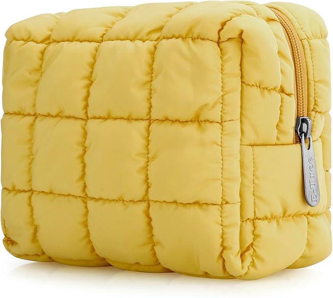E-Tree Cute Makeup Bag,Quilted Cosmetic Bag,Make up Pouch for Purse,Toiletry Zipper Pouch,Checkered Bag,Travel Case,Storage Pouches for Organization (Yellow)