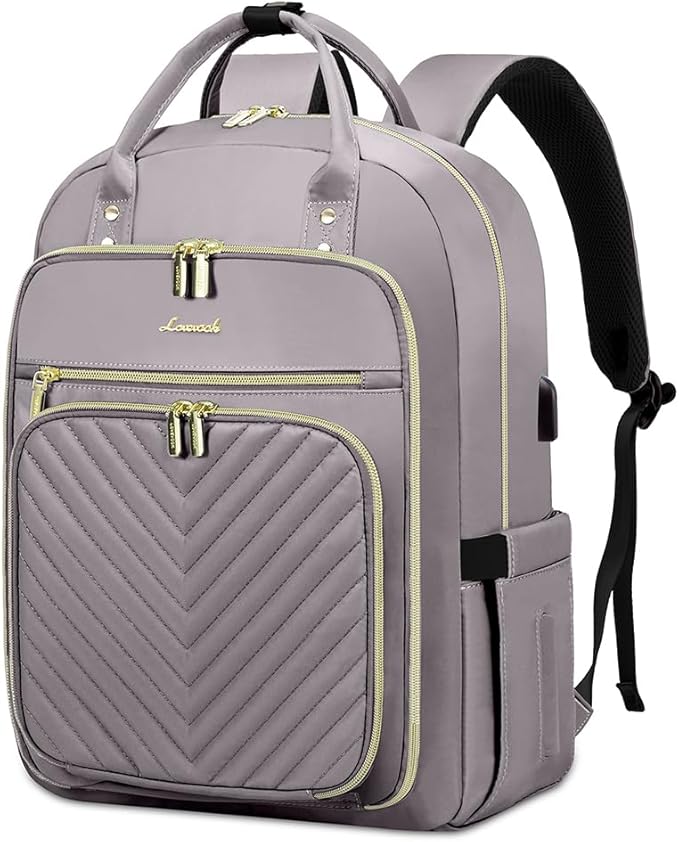 LOVEVOOK Womens Backpack,15.6 Inch Laptop Backpack for Work Travel, Large Capacity Work Backpack for Teacher Nurse, Computer Bag with USB Charging Port.Grey Purple.