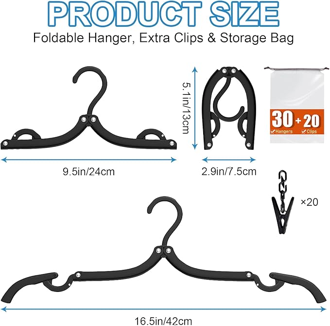 30 Pack Foldable Travel Hangers with 20 Clips - Cruise Essentials 2025 Lightweight Portable Collapsible Plastic Hangers Travel Must Haves for Suitcase, Flying, Camping, Hotel, RV
