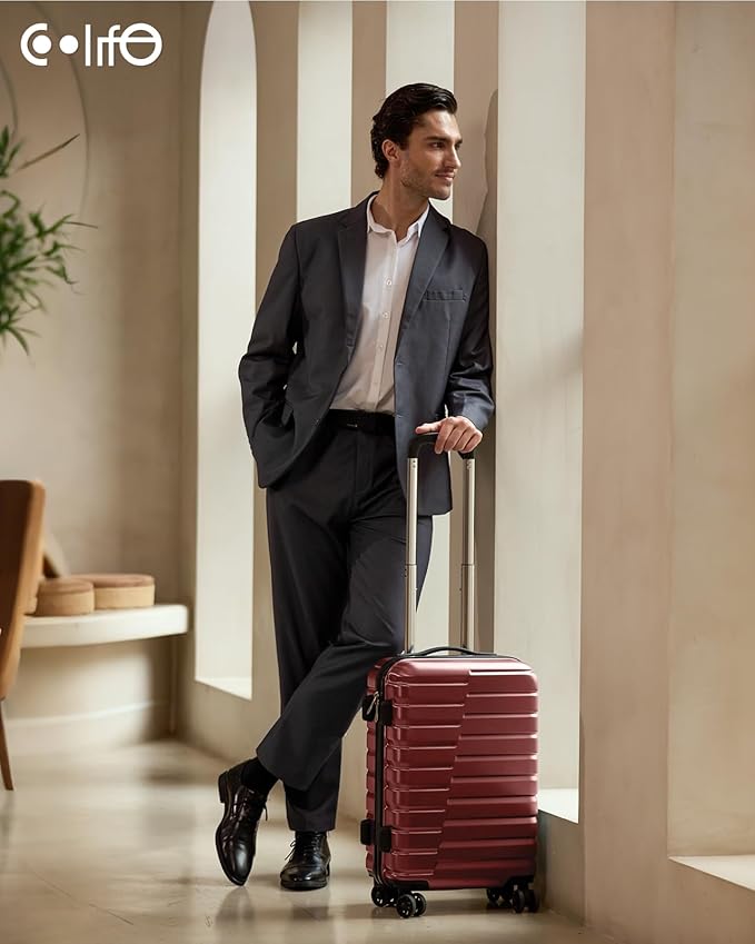 Coolife Carry On Luggage Airline Approved with Spinner Wheels, Hard Shell Suitcase TSA Lock Lightweight Travel Luggage 20-inch,Wine Red