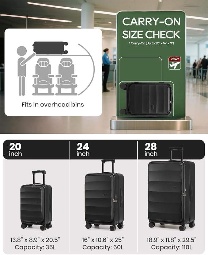 Joyway Luggage Set 3 Piece Top Opening Suitcase Set with Spinner Wheel and TSA Lock, PC Hard Shell Carry on Luggage with Front Pocket for Woman Men (Black)