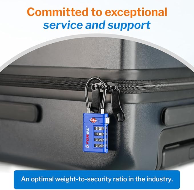 Forge TSA Approved Luggage Locks 4 Digit Combination TSA Travel Locks with TSA008, Open Alert Indicator, Zinc Alloy Body for Luggage, Suitcase, Backpack, and More. Blue 4 Locks.