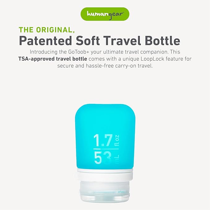 humangear GoToob+ (Small) | Refillable Silicone Travel Bottle | Locking Lid | Food-Safe Material | Aqua, Small (1.7 fl.oz; 53ml)