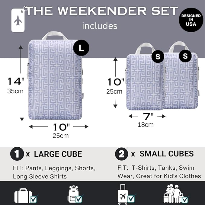 Compression Packing Cubes Organizer Bags for Suitcase & Backpack, Packing Cubes for Travel, Lightweight Luggage Organizers, Travel Cubes for Packing, Vacation Essentials - 3pc Set - Light Blue Boho