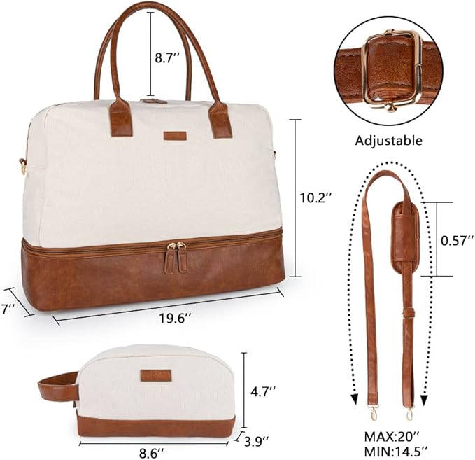 MyMealivos Canvas Weekender Bag for Women, Large Overnight Travel Carry on Duffel with Shoe Compartment & Toiletry Bag, Durable & Dirt-Resistant Personal Item Bag for Airplanes, Luggage Sleeve