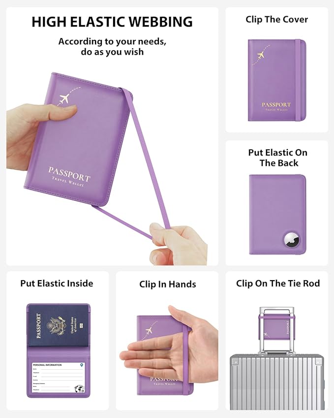 Stouchi AirTag Passport Holder, Anti-Lost Passport Holder with Airtag Slot, Passport Wallet Cover with RFID Blocking, Leather Passport Case Travel Accessories for Women, Purple