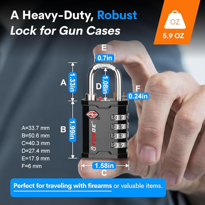 Forge 4-Digit TSA Approved Travel Locks – Heavy-Duty Combination Padlock for Travel, Gym, Pelican Case. Black 2-Pack.