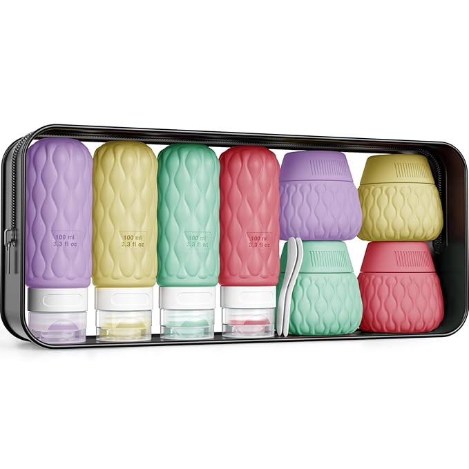 Silicone Travel Bottles for Toiletries 8 Pack Travel Size Toiletries 3.4 oz 1.7 oz, Leakproof Squeeze Travel Size Containers Refillable Cosmetic Jars Set for Shampoo, Conditioner, Creams