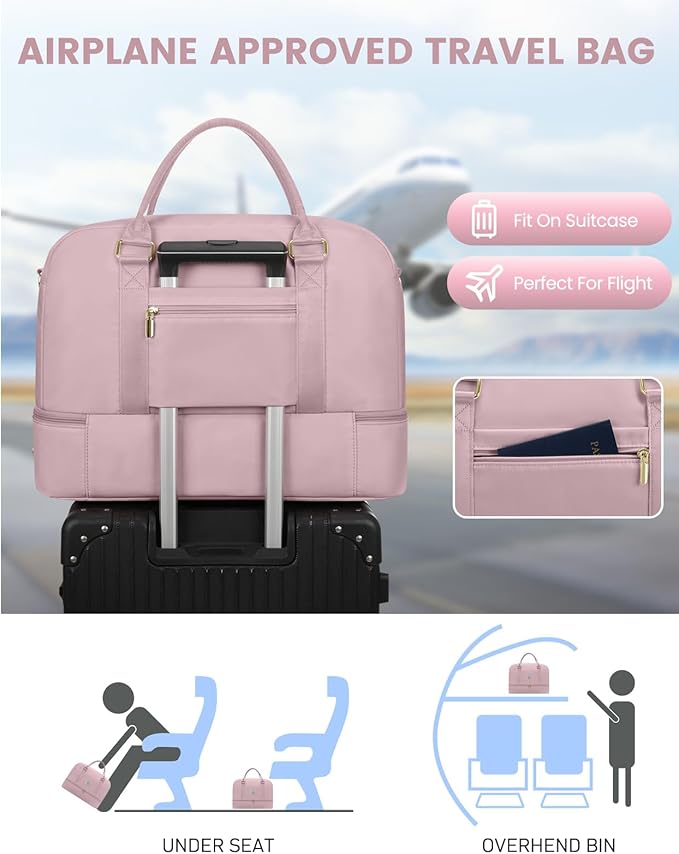 Weekender Travel Duffle Bag for Women: Overnight Bags with Shoe Compartment Carry on Bags for Airplanes with Toiletry Bag Weekend Yoga Gym Bag with Wet Pocket Travel Duffel Tote Bag Hospital Bag Pink