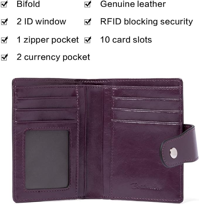 BOSTANTEN Women Leather Wallet RFID Blocking Small Bifold Zipper Pocket Wallet Card Case Purse with ID Window