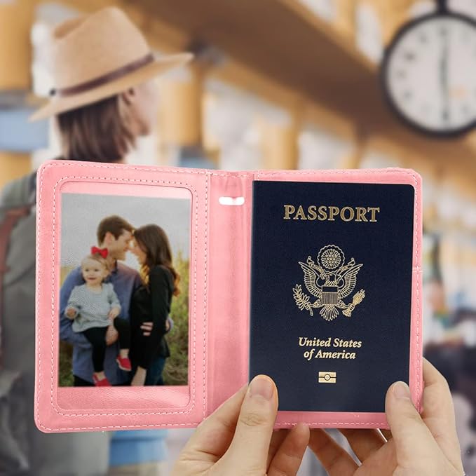 Passport Holder for Travel, Leather Passport Holder RFID Blocking Passport Cover Wallet Passport Case with Pen Holder Passport Holders for Travel Women Men Family Travels Must Haves Essentials, Pink