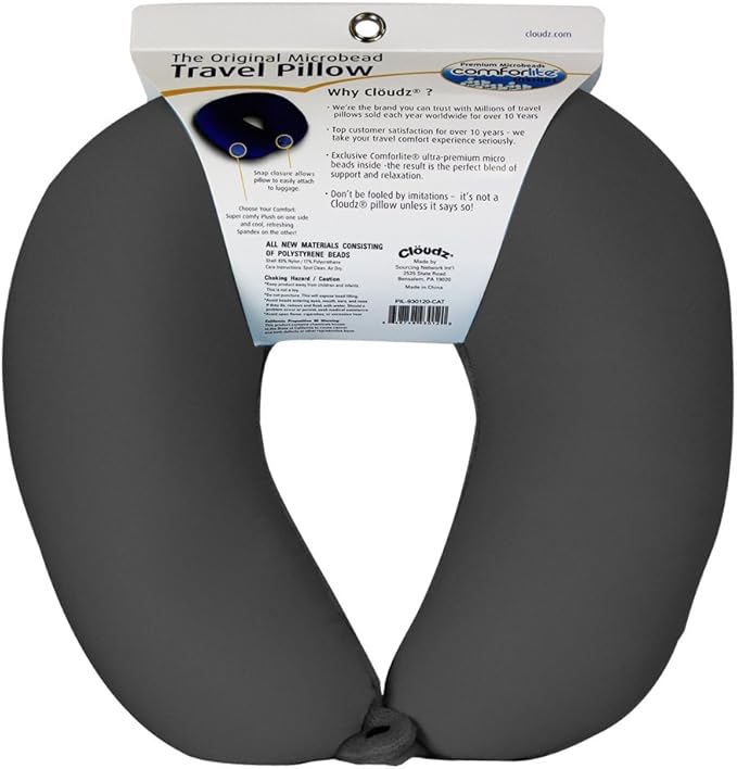 Cloudz Dual Comfort Microbead Airplane Travel Neck Pillow. Super Soft Cozy Plush Fabric on One Side, Cool Relaxing Spandex on The Other! Customize Your Comfort and Support at Home or On The Go!-Black