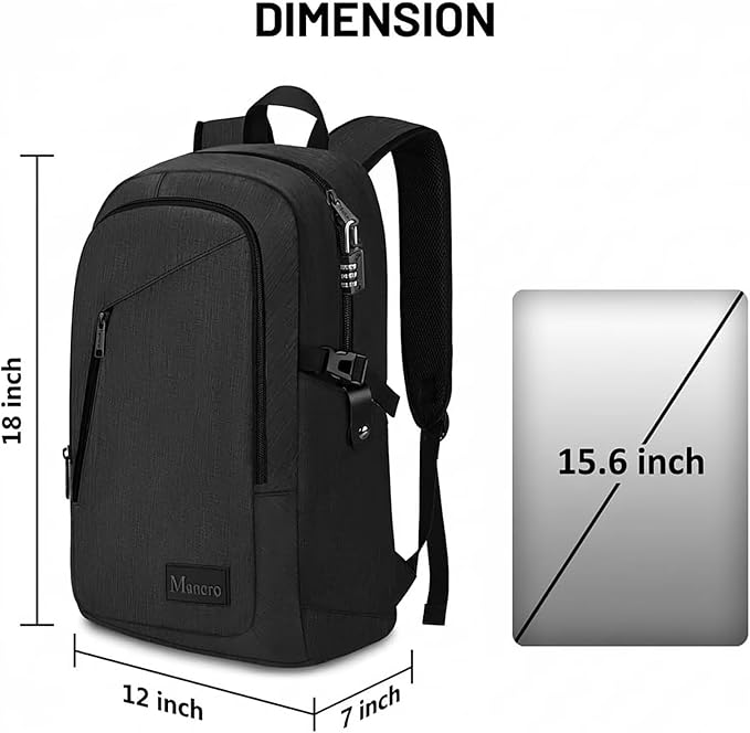 Mancro Business Travel Laptop Backpack, Anti Theft Slim Laptop Bag for Men and Women, Tech Computer Bag Fits 15.6 Inch Laptop and Notebook (Black)