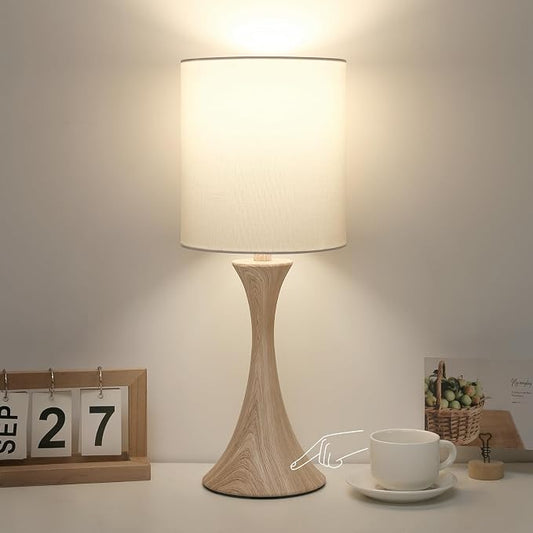 Dimmable Wood Grain Metal Table Lamp, 3 Way Touch Lamp with White Shade | Farmhouse Small Desk Lamp, Modern Nightstand Bedside Lamp for Living Room, Bedroom, Dorm, Office, 3000K LED Bulb Included