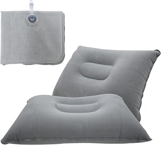 2 Pack Gray Ultralight Inflatable Pillow Small Squared Flocked Fabric Air Pillow for Beach Camping,Traveling,Hiking,Napping,Desk Rest,Neck & Lumbar Support