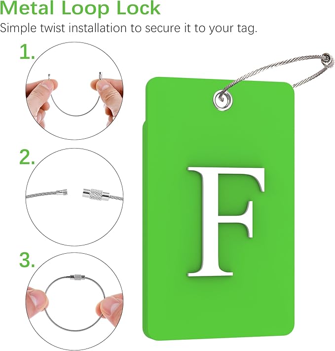 Gostwo 2 Pack Luggage Tags for Suitcases, 26 Initial Letter Travel Luggage Baggage Identification Labels ID Tag Fully Bendable Tags with Stainless Steel Loop (Green) (Letter F)