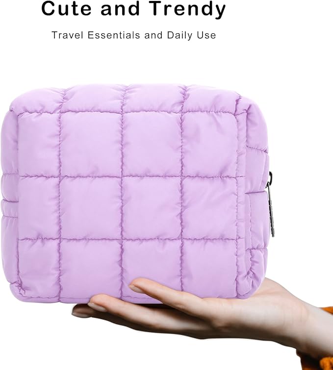 E-Tree Cute Makeup Bag,Quilted Cosmetic Bag for Women,Make up Pouch for Purse,Toiletry Zipper Pouch,Checkered Bag,Travel Case,Storage Pouches for Organization (Purple)