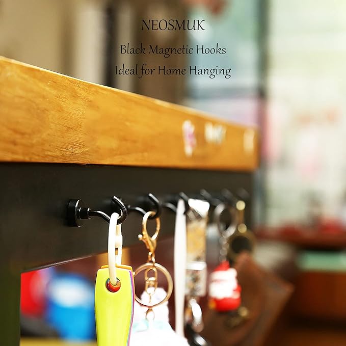Neosmuk Black Magnetic Hooks, 30lb+ Heavy Duty Earth Magnets with Hook for Refrigerator, Extra Strong Cruise Hook for Hanging, Magnetic Hanger for Curtain, Grill (Black, Pack of 6)