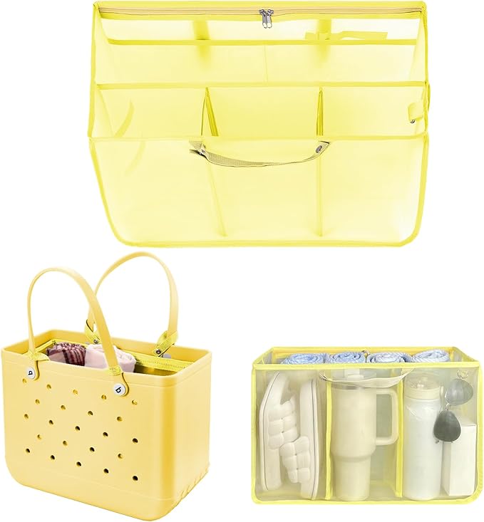 XYFuuee Beach Bag Organizer Inserts for X Large Bogg Bag Accessories, Original XL Lightweight Mesh Insert Divider Pouch, Organizing Rubber Tote Bags, Save Storage Space (Yellow-XL)