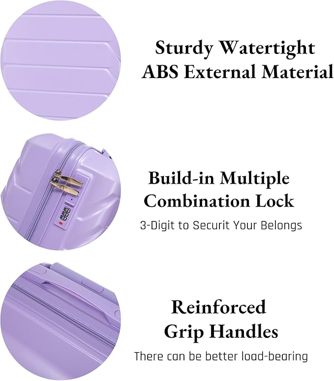 2-Piece ABS Hard Shell Lightweight Carry-On Luggage Set (14" & 20"), 360-Degree Spinner Wheels, Adjustable Telescopic Handle and Combination Lock for Travel, Purple