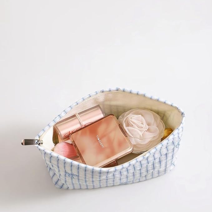 HAPPYHEIDI Makeup Bag Set for Organizing and Traveling, White Checkered Nylon Pouch, Plaid, Zipper Closure, Large 10.2x7.8 Inches