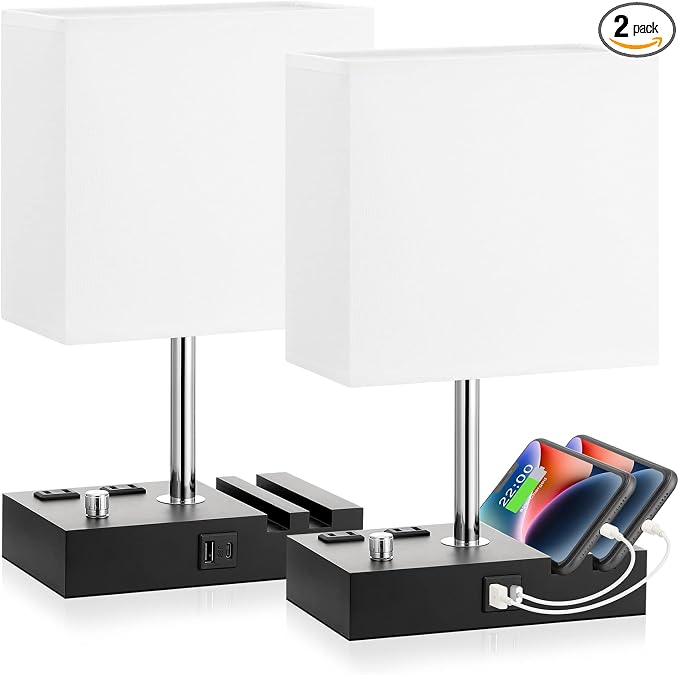 White Bedside Table Lamps Set of 2 - Dimmable, USB C+A, 2 AC Outlets | Dimming By Rotary Knob, USB C+A Ports, 2 Phone Stands, LED Bulbs Included, Rectangle White Lampshade, for Living Room, Desk