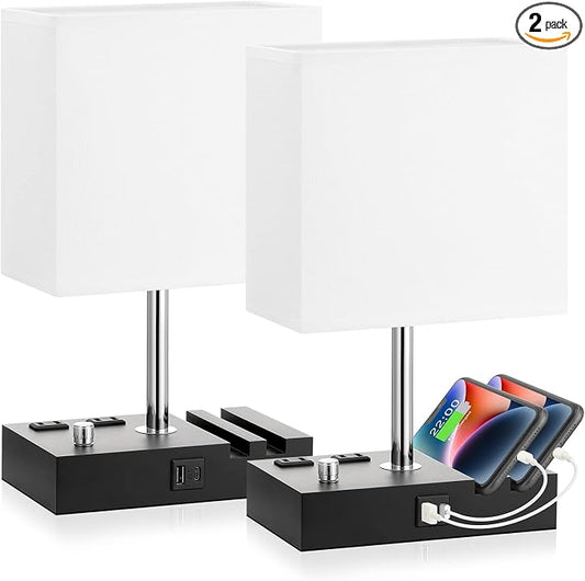 White Bedside Table Lamps Set of 2 - Dimmable, USB C+A, 2 AC Outlets | Dimming By Rotary Knob, USB C+A Ports, 2 Phone Stands, LED Bulbs Included, Rectangle White Lampshade, for Living Room, Desk