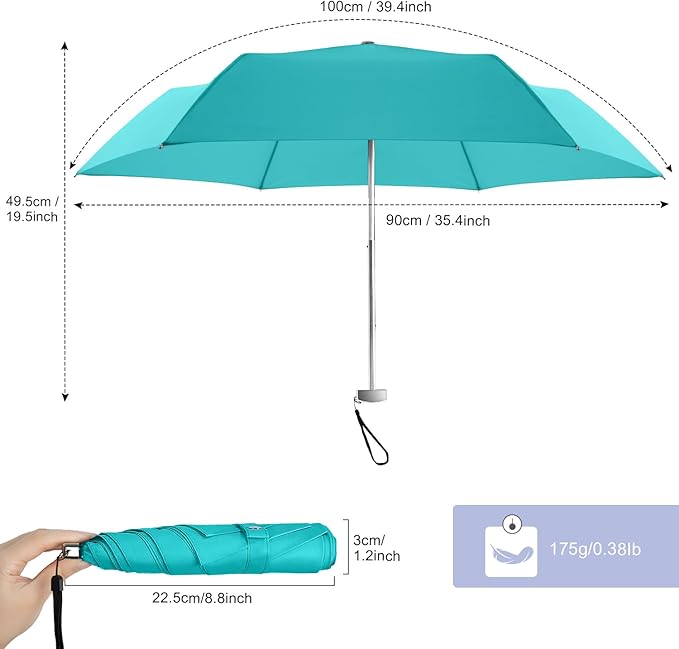 Lejorain Travel Mini Umbrella for Purse - Black Compact Durable Cool Teflon Light Weight Flat Backpacking Umbrella Portable Paraguas