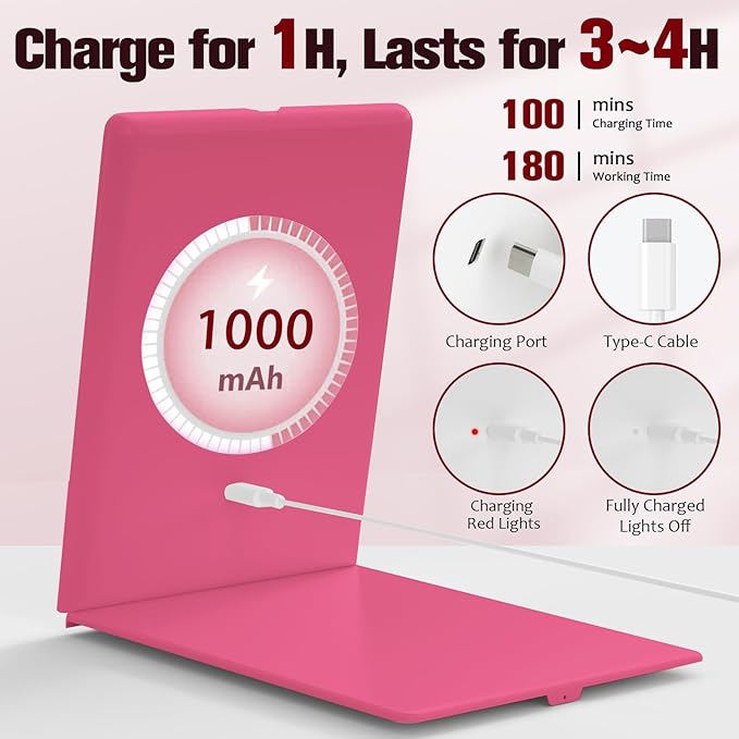Travel Makeup Mirror with Lights Valentines Day Gifts for Her, Girlfriend, Wife, Birthday Gifts Rechargeable Portable Folding Compact LED Mirror Set with Tweezer 3 Color Light Modes-Rosy