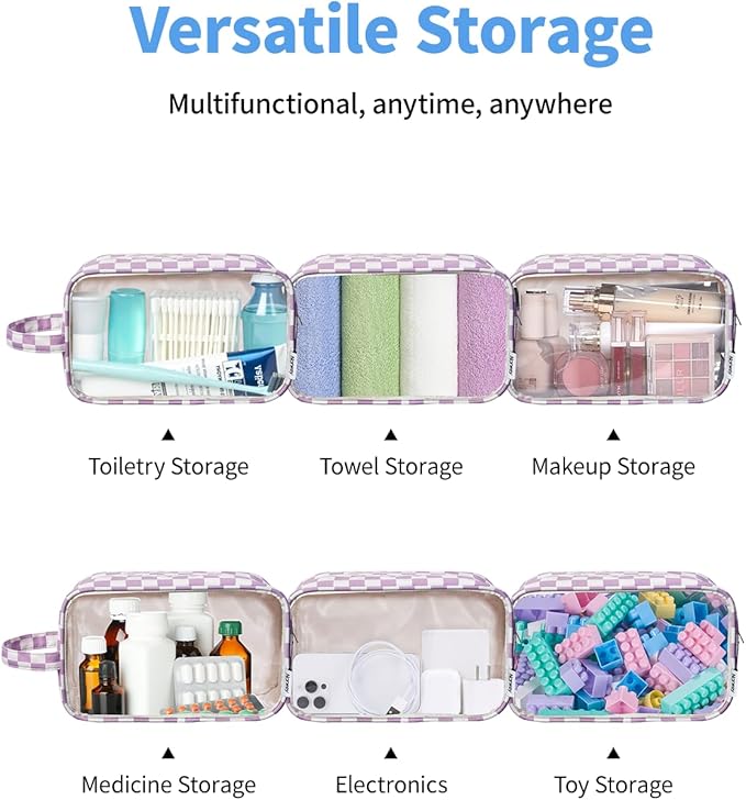 Narwey Clear Toiletry Bags for Traveling Women Men, Clear Travel Bags for Toiletries Makeup Bag Cosmetic Bag with Zipper, Make Up Organizer, Skincare Bag (Purple Checkerboard)