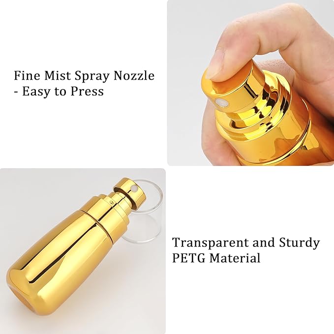 Cosywell Travel Spray Bottle TSA Approved 3 Pack 2oz 60ml Leak Proof Fine Mist Spray Bottle Empty Plastic Refillable Containers for Hair Perfume Toners Rose Water Cosmetics(Gold+Green+Clear)